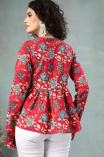 Red floral printed cotton flared top for women