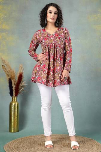 Brown  floral printed cotton flared top for women