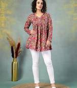 Brown  floral printed cotton flared top for women