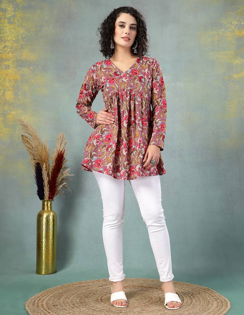 Brown  floral printed cotton flared top for women