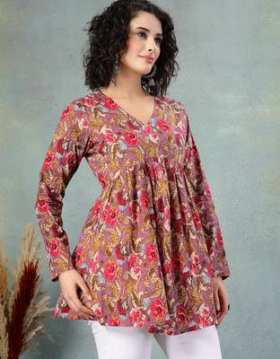Brown  floral printed cotton flared top for women 2