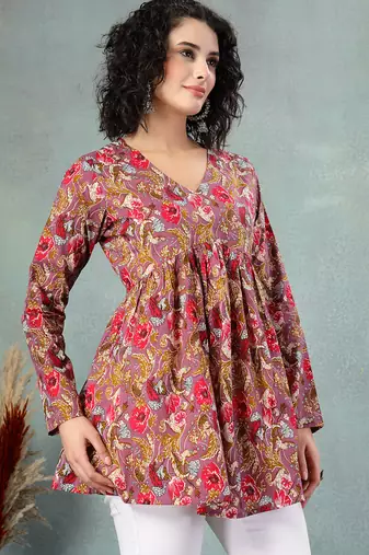 Brown  floral printed cotton flared top for women