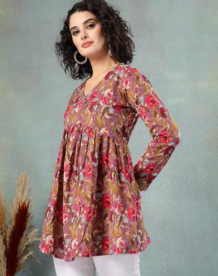 Brown  floral printed cotton flared top for women 3