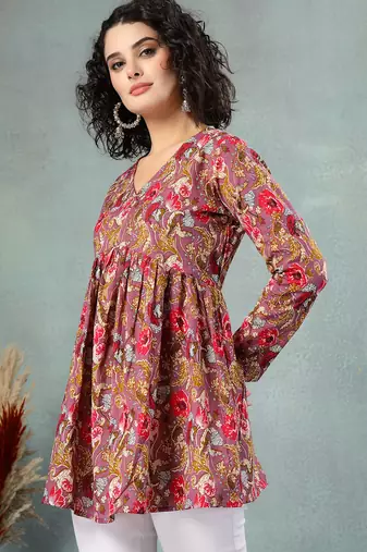 Brown  floral printed cotton flared top for women