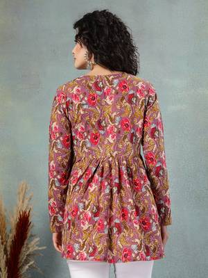 Brown  floral printed cotton flared top for women 4