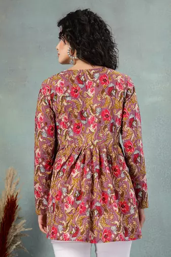 Brown  floral printed cotton flared top for women