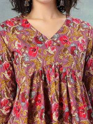 Brown  floral printed cotton flared top for women 5