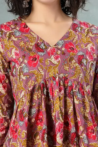 Brown  floral printed cotton flared top for women