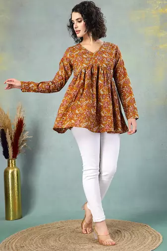 Brown floral printed cotton flared top for women