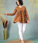Brown floral printed cotton flared top for women