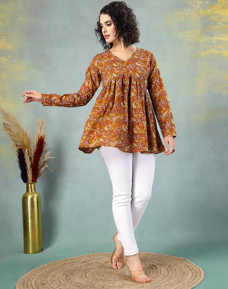 Brown floral printed cotton flared top for women