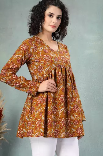 Brown floral printed cotton flared top for women