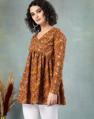 Brown floral printed cotton flared top for women 3
