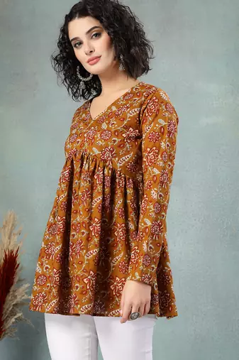 Brown floral printed cotton flared top for women