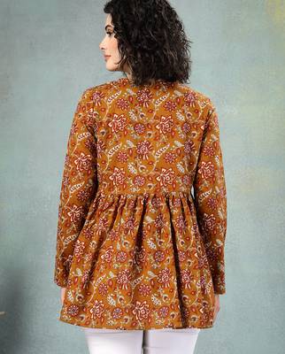 Brown floral printed cotton flared top for women 4