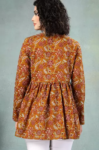 Brown floral printed cotton flared top for women