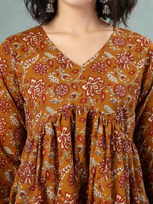 Brown floral printed cotton flared top for women 5