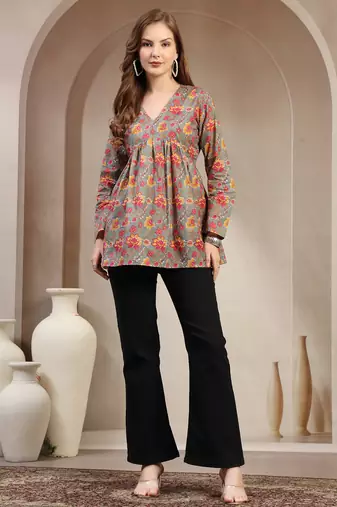 Brown floral printed cotton flared top for women