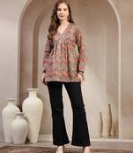 Brown floral printed cotton flared top for women