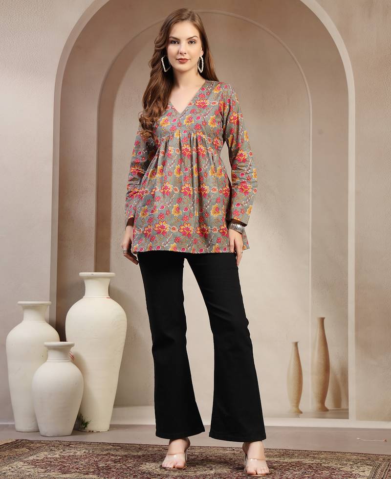 Brown floral printed cotton flared top for women