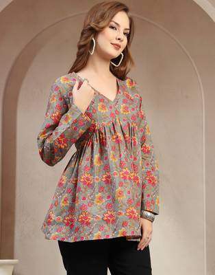 Brown floral printed cotton flared top for women 2