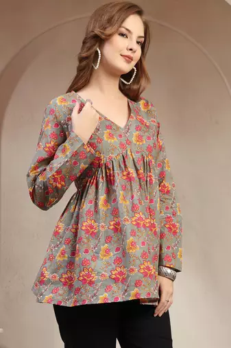 Brown floral printed cotton flared top for women