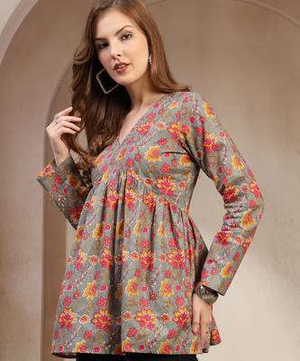 Brown floral printed cotton flared top for women 3