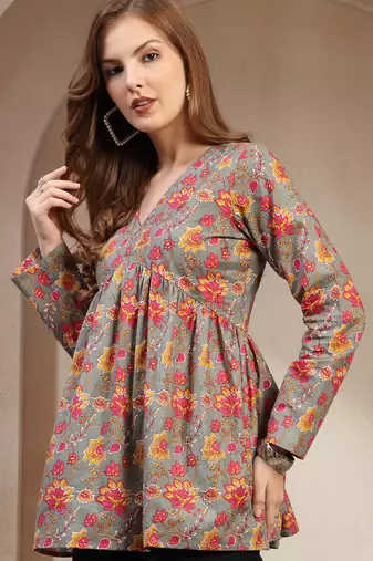 Brown floral printed cotton flared top for women