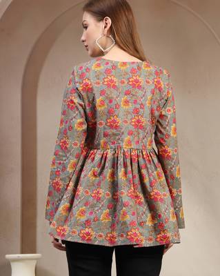 Brown floral printed cotton flared top for women 4