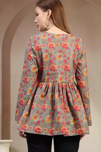 Brown floral printed cotton flared top for women