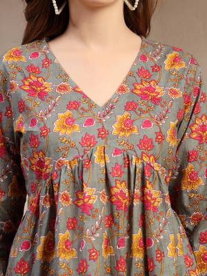Brown floral printed cotton flared top for women 5