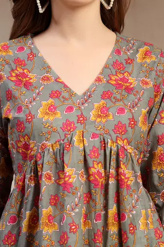 Brown floral printed cotton flared top for women