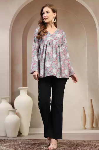 Sky-blue floral printed cotton flared top for women