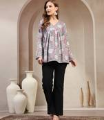 Sky-blue floral printed cotton flared top for women