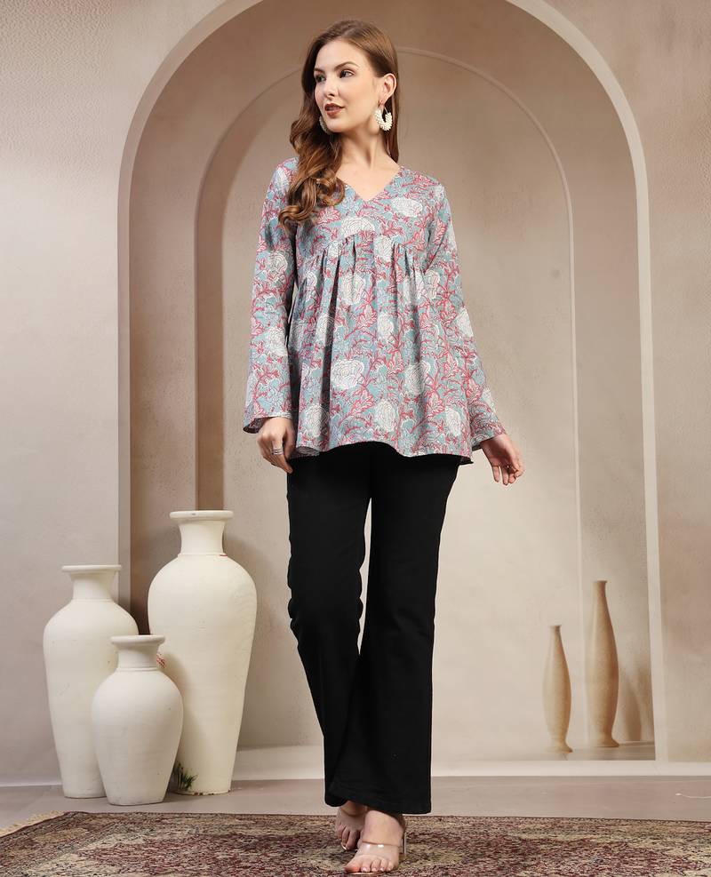 Sky-blue floral printed cotton flared top for women