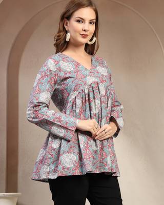 Sky-blue floral printed cotton flared top for women 2