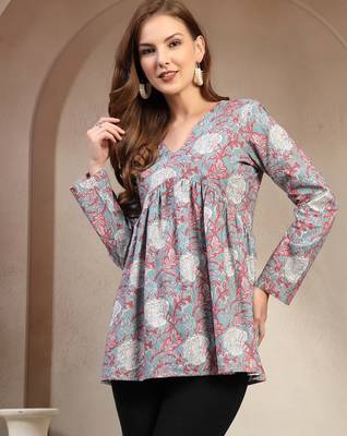 Sky-blue floral printed cotton flared top for women 3