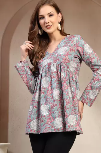 Sky-blue floral printed cotton flared top for women