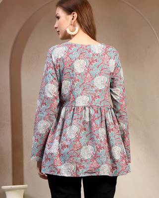 Sky-blue floral printed cotton flared top for women 4