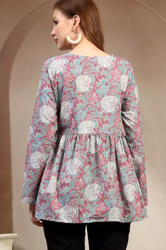 Sky-blue floral printed cotton flared top for women