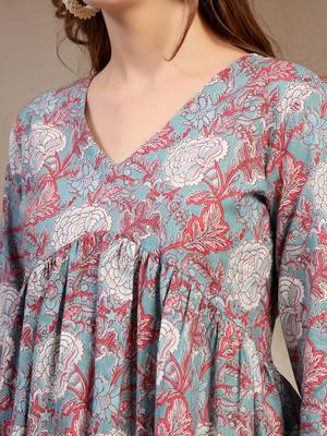 Sky-blue floral printed cotton flared top for women 5
