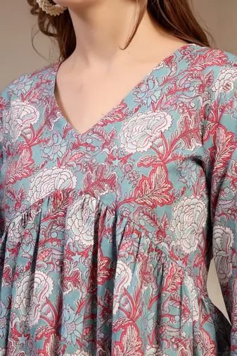 Sky-blue floral printed cotton flared top for women