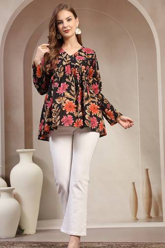 Black floral printed cotton flared top for women