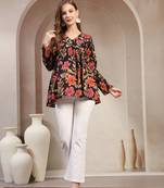 Black floral printed cotton flared top for women