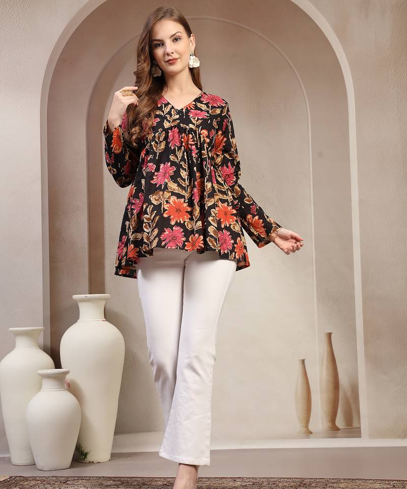Black floral printed cotton flared top for women