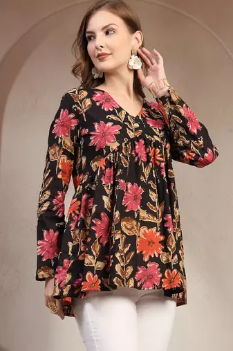 Black floral printed cotton flared top for women