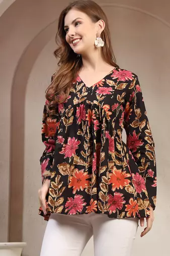 Black floral printed cotton flared top for women