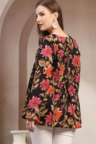 Black floral printed cotton flared top for women