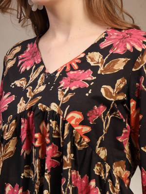 Black floral printed cotton flared top for women 5