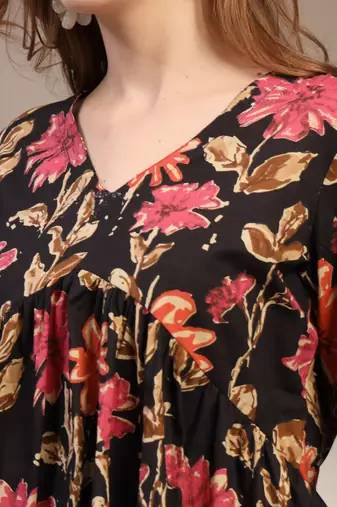 Black floral printed cotton flared top for women